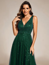 ever HILLARY|V-Neck Sleeveless High-Waist See-Through Sequin Tulle Evening Dress