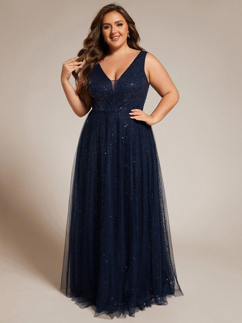 pretty HILLARY|Plus Size Sequin V-Neck Sleeveless Empire Waist Tulle Formal Evening Dress