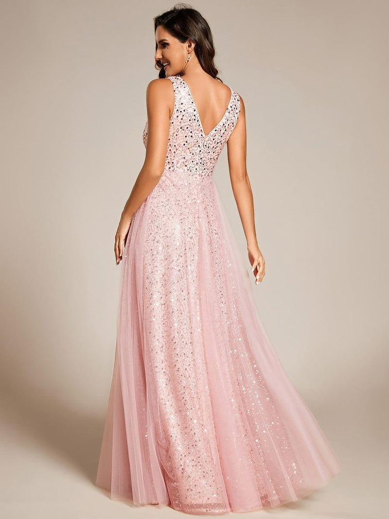 ever HILLARY|V-Neck Sleeveless High-Waist See-Through Sequin Tulle Evening Dress