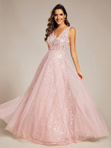 ever HILLARY|V-Neck Sleeveless High-Waist See-Through Sequin Tulle Evening Dress