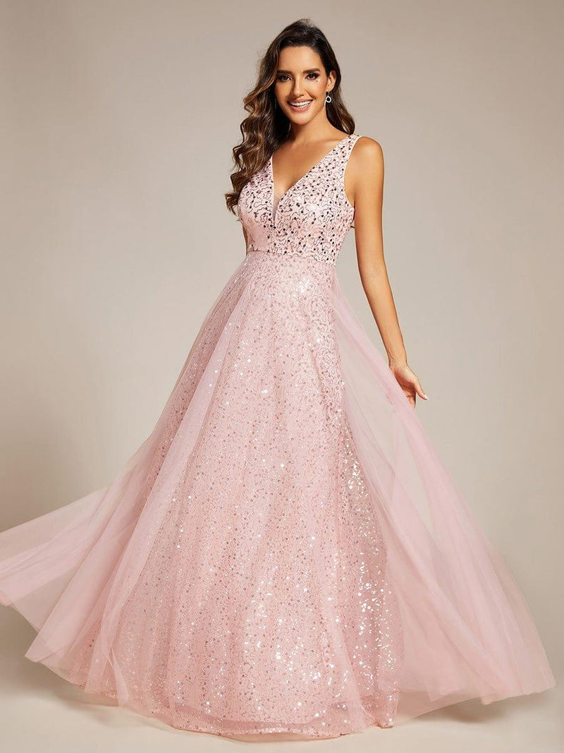 ever HILLARY|V-Neck Sleeveless High-Waist See-Through Sequin Tulle Evening Dress