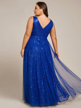 pretty HILLARY|Plus Size Sequin V-Neck Sleeveless Empire Waist Tulle Formal Evening Dress