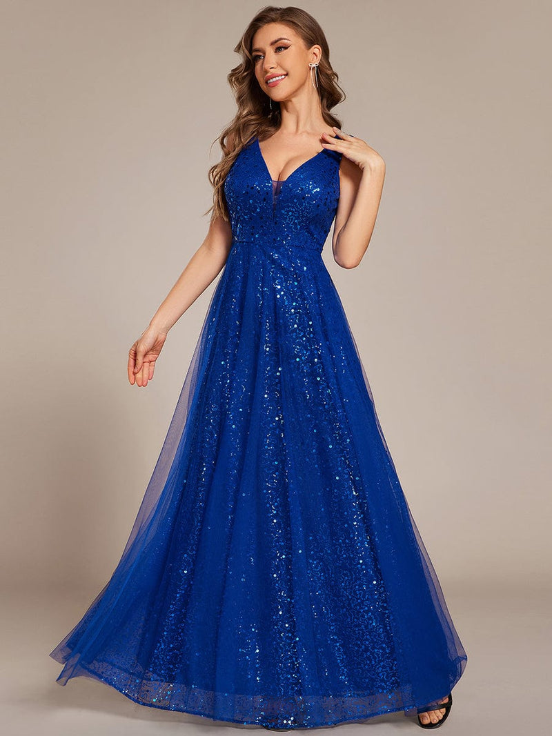 ever HILLARY|V-Neck Sleeveless High-Waist See-Through Sequin Tulle Evening Dress