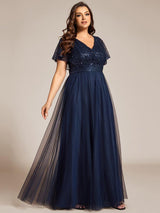 pretty NAVEYA|Plus Size Short Sleeves Sequin V-Neck Formal Evening Dress with Tulle