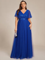 pretty NAVEYA|Plus Size Short Sleeves Sequin V-Neck Formal Evening Dress with Tulle