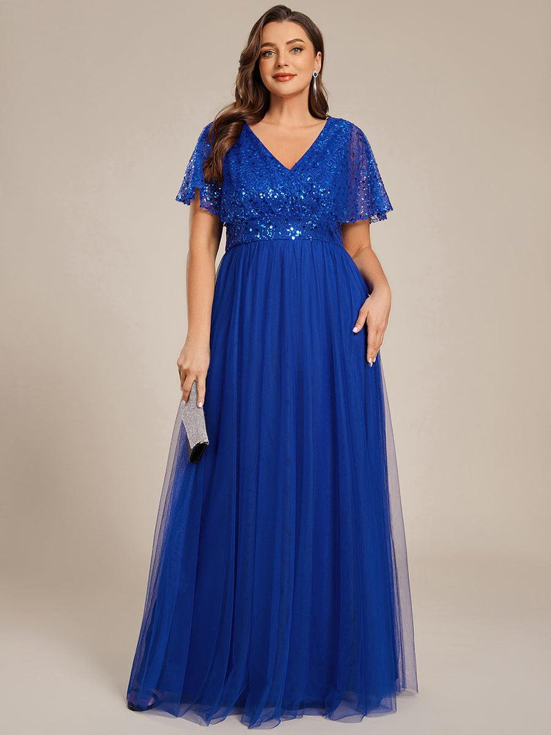 pretty NAVEYA|Plus Size Short Sleeves Sequin V-Neck Formal Evening Dress with Tulle