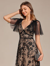 Embroidered Mesh Flutter Sleeve V-Neck Formal Evening Maxi Dress