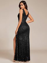 Sparkly Sequin Front High Slit U-Neck Sleeveless Formal Evening Dress