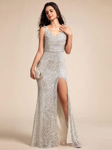 Sparkly Sequin Front High Slit U-Neck Sleeveless Formal Evening Dress