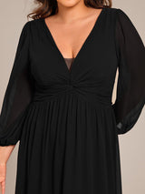 pretty TRU|Plus Size A-Line Pleated Long Lantern Sleeves Chiffon Formal Evening Dress