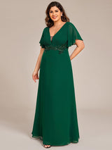 Elegant Pleated Short Sleeve Deep V-Neck Maxi Formal Evening Dress