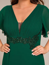 Elegant Pleated Short Sleeve Deep V-Neck Maxi Formal Evening Dress