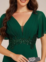 Elegant Pleated Short Sleeve Deep V-Neck Maxi Formal Evening Dress