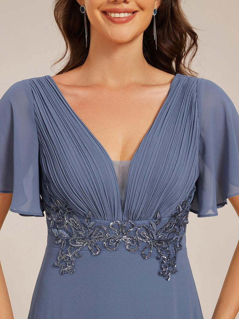 Plus Size Short Sleeve Waist Applique V-Neck Maxi Formal Evening Dress