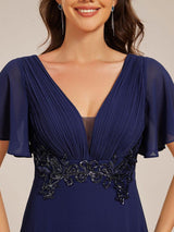 Plus Size Short Sleeve Waist Applique V-Neck Maxi Formal Evening Dress