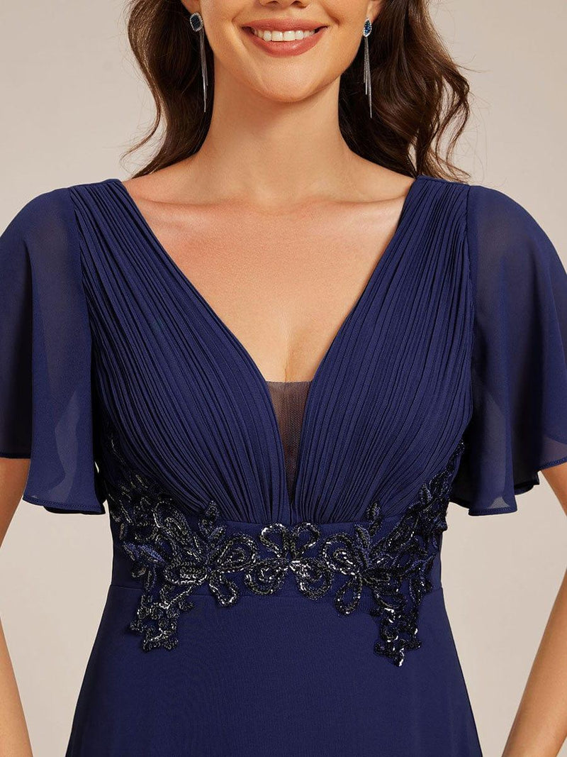 Elegant Pleated Short Sleeve Deep V-Neck Maxi Formal Evening Dress