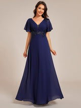 Plus Size Short Sleeve Waist Applique V-Neck Maxi Formal Evening Dress