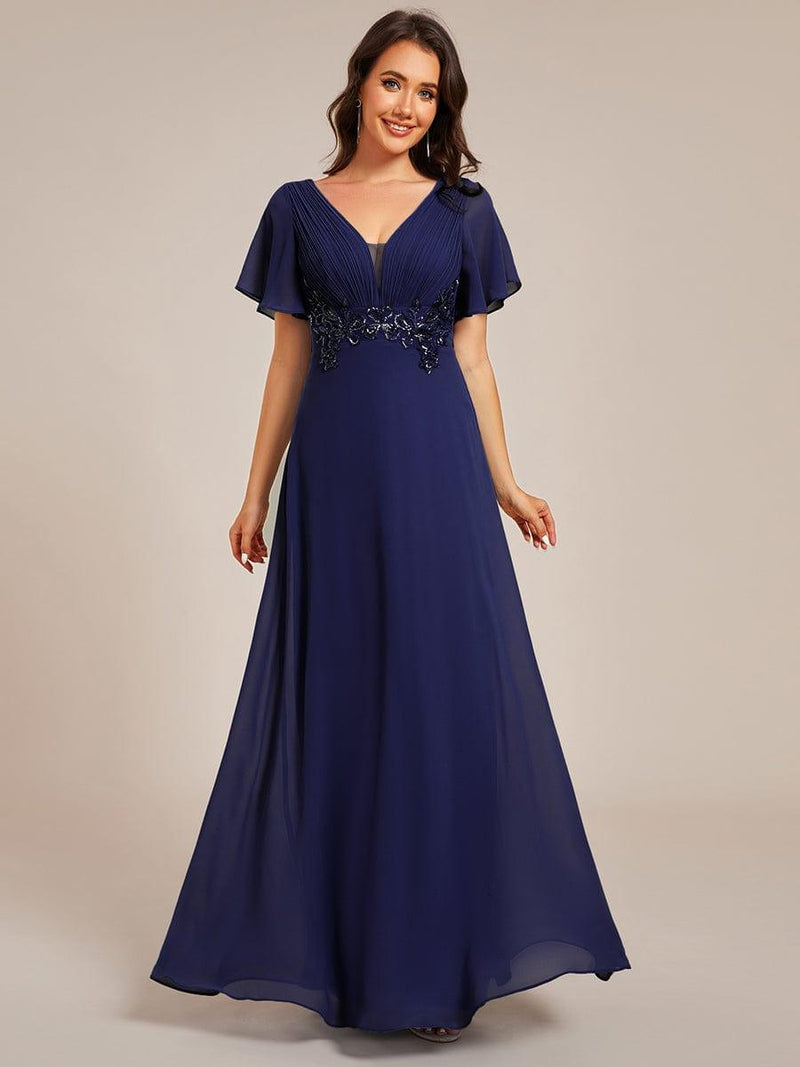Plus Size Short Sleeve Waist Applique V-Neck Maxi Formal Evening Dress