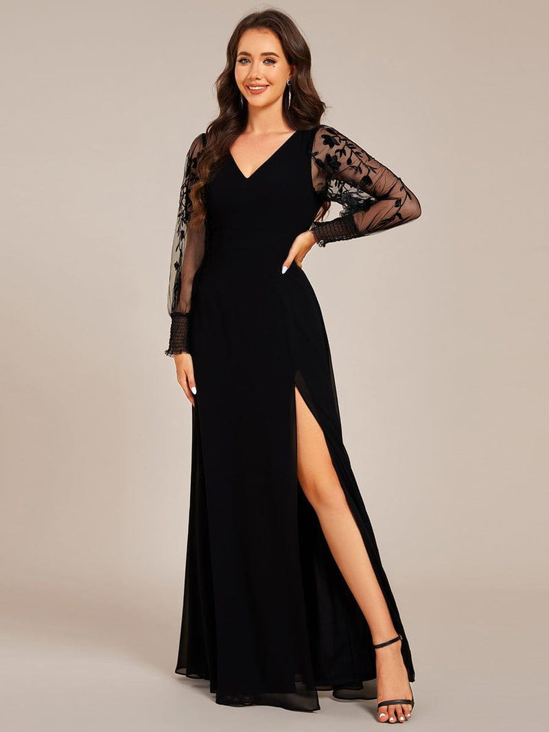 ever RYLEE|See-Through Long Sleeve V-Neck High Slit Chiffon Formal Evening Dress