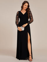 ever RYLEE|See-Through Long Sleeve V-Neck High Slit Chiffon Formal Evening Dress