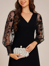 ever RYLEE|See-Through Long Sleeve V-Neck High Slit Chiffon Formal Evening Dress
