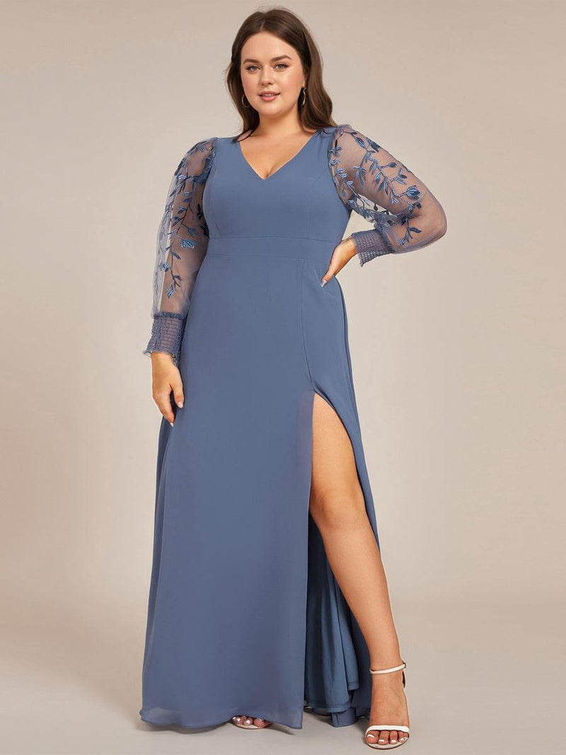 ever RYLEE|See-Through Long Sleeve V-Neck High Slit Chiffon Formal Evening Dress