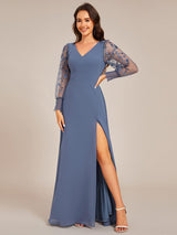 ever RYLEE|See-Through Long Sleeve V-Neck High Slit Chiffon Formal Evening Dress