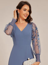 ever RYLEE|See-Through Long Sleeve V-Neck High Slit Chiffon Formal Evening Dress