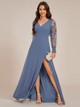 ever RYLEE|See-Through Long Sleeve V-Neck High Slit Chiffon Formal Evening Dress
