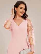 ever RYLEE|See-Through Long Sleeve V-Neck High Slit Chiffon Formal Evening Dress
