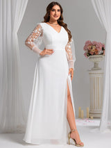 pretty RYLEE|Plus Size High Slit Embroidered Long Sleeve Chiffon Formal Evening Dress