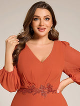 ever MARYAM|Plus Size V-Neck Long Sleeves Chiffon Formal Evening Dress with Applique