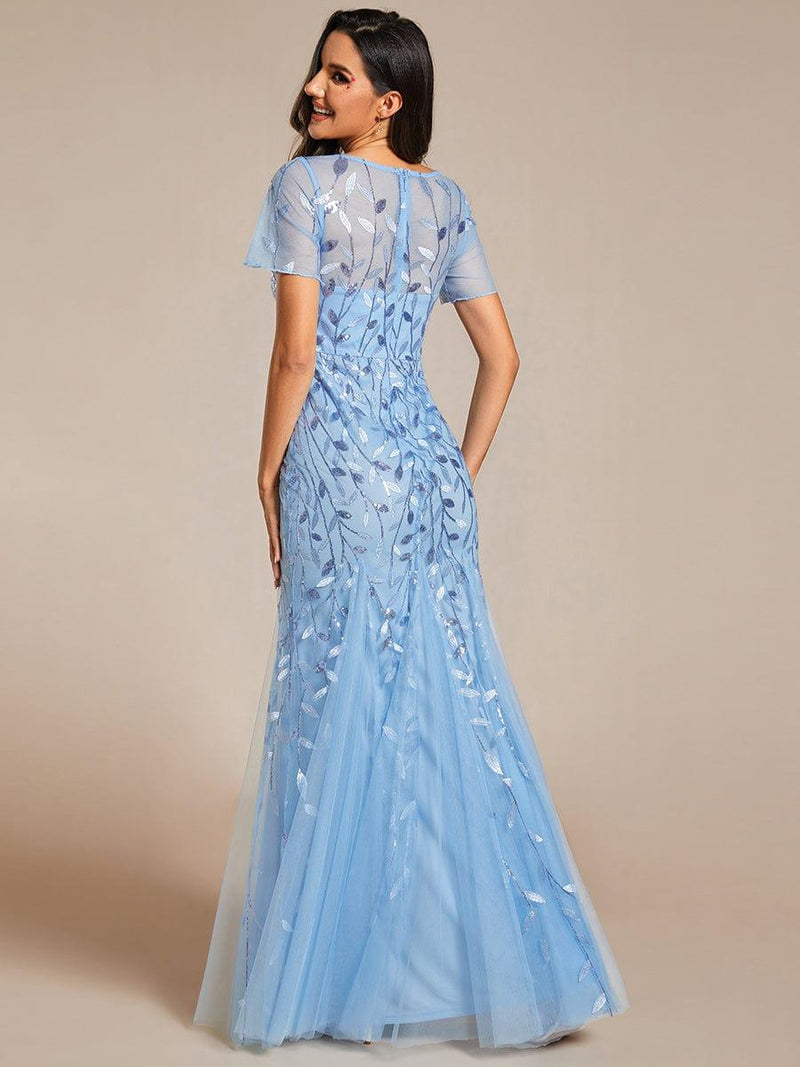 ever JADEN|Floral Sequin Maxi Fishtail Tulle Formal Evening Dress with Short Sleeve