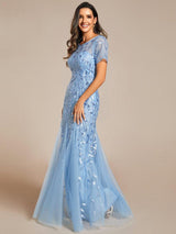 ever JADEN|Floral Sequin Maxi Fishtail Tulle Formal Evening Dress with Short Sleeve