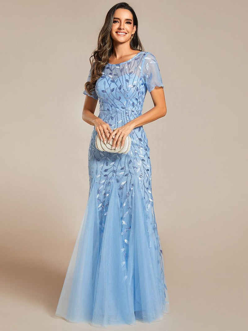 ever JADEN|Floral Sequin Maxi Fishtail Tulle Formal Evening Dress with Short Sleeve