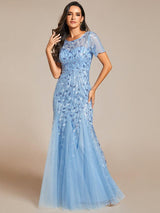 ever JADEN|Floral Sequin Maxi Fishtail Tulle Formal Evening Dress with Short Sleeve