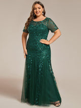 ever JADEN|Floral Sequin Maxi Fishtail Tulle Formal Evening Dress with Short Sleeve
