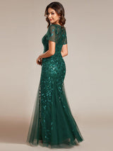 ever JADEN|Floral Sequin Maxi Fishtail Tulle Formal Evening Dress with Short Sleeve