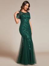 ever JADEN|Floral Sequin Maxi Fishtail Tulle Formal Evening Dress with Short Sleeve