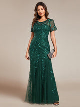 ever JADEN|Floral Sequin Maxi Fishtail Tulle Formal Evening Dress with Short Sleeve