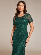ever JADEN|Floral Sequin Maxi Fishtail Tulle Formal Evening Dress with Short Sleeve