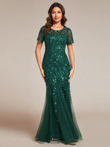 ever JADEN|Floral Sequin Maxi Fishtail Tulle Formal Evening Dress with Short Sleeve