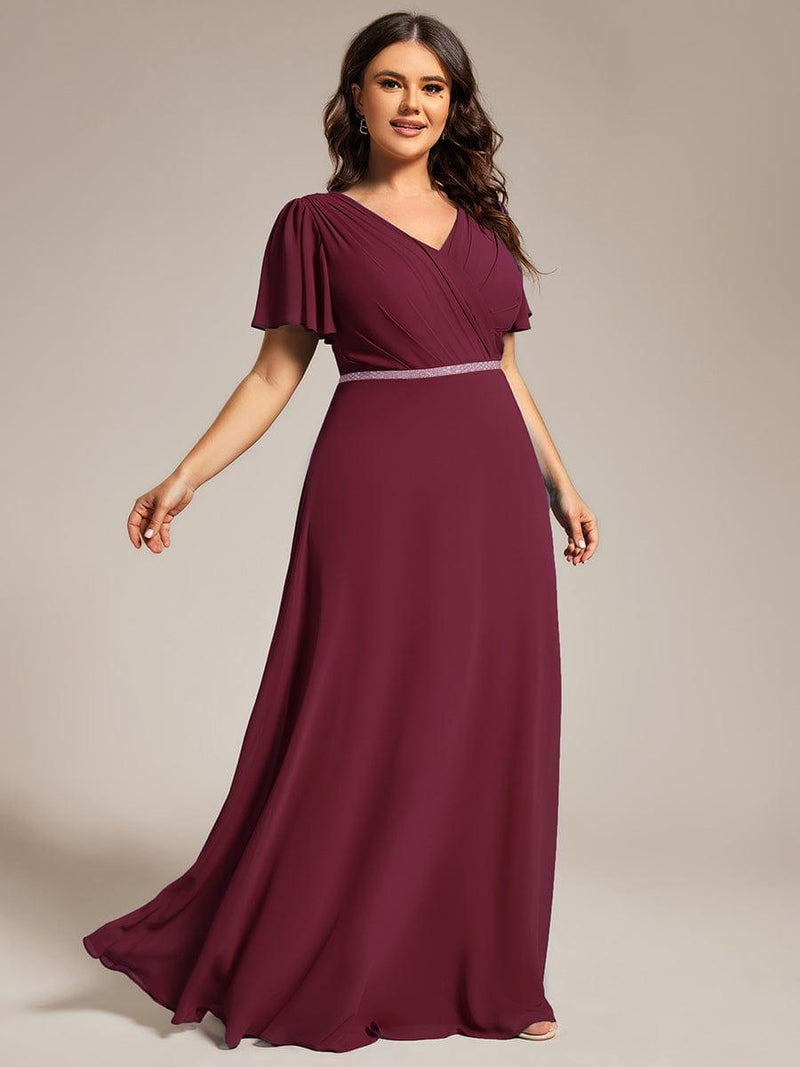 ever LAYLAH|Pleated A-Line Chiffon Formal Evening Dress with Short Sleeves and Sequin Waist