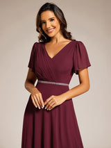 ever LAYLAH|Pleated A-Line Chiffon Formal Evening Dress with Short Sleeves and Sequin Waist