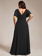 ever LAYLAH|Pleated A-Line Chiffon Formal Evening Dress with Short Sleeves and Sequin Waist