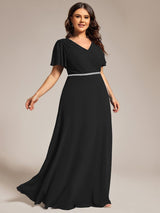 ever LAYLAH|Pleated A-Line Chiffon Formal Evening Dress with Short Sleeves and Sequin Waist