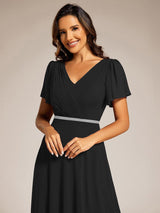 ever LAYLAH|Pleated A-Line Chiffon Formal Evening Dress with Short Sleeves and Sequin Waist