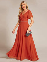 ever LAYLAH|Pleated A-Line Chiffon Formal Evening Dress with Short Sleeves and Sequin Waist