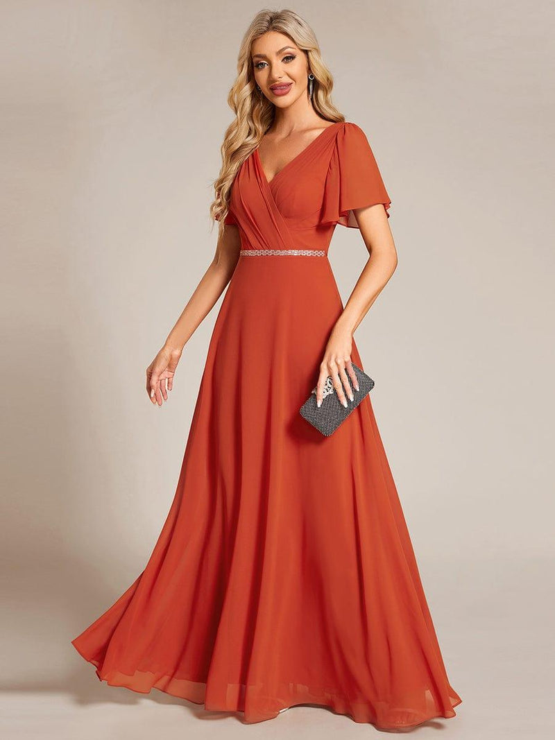 ever LAYLAH|Pleated A-Line Chiffon Formal Evening Dress with Short Sleeves and Sequin Waist