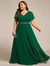 ever LAYLAH|Pleated A-Line Chiffon Formal Evening Dress with Short Sleeves and Sequin Waist